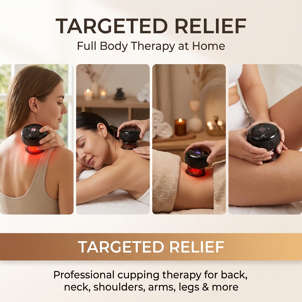 Target areas for RHYTIA cupping massager — neck, shoulders, back, arms, legs, and more